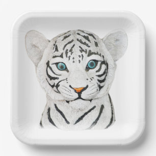 Cute Beautiful White Tiger With Blue Eyes Paper Plates