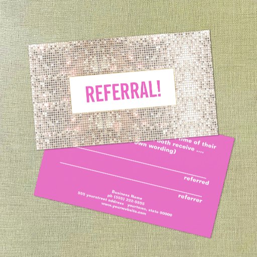Customizable Cute Faux Silver Sequins Pink Cosmetology Referral Business Cards