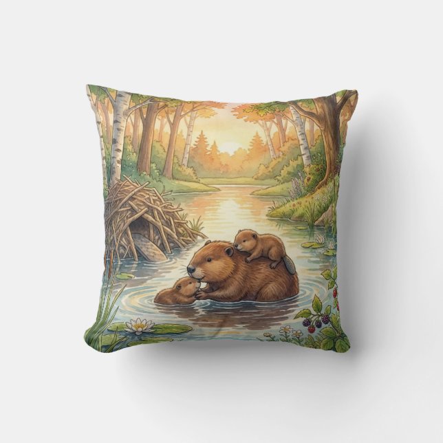Cute Beaver And Babies River and Lake Animals  Throw Pillow (Front)