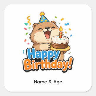 Cute Beaver& Cake Custom Birthday Party Favor Stic Square Sticker