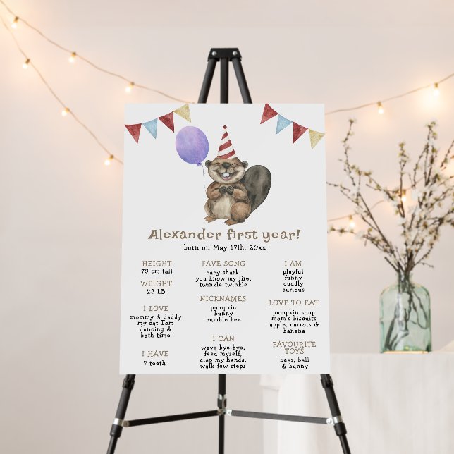 Cute Beaver First Birthday Milestone Birthday Foam Board (In Situ (Stand))