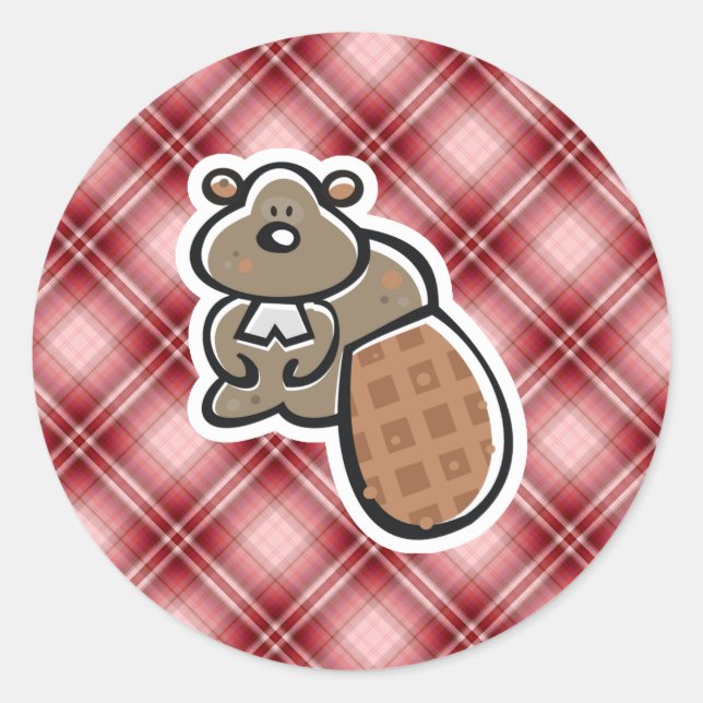 Cute Beaver; Red Plaid Classic Round Sticker (Front)