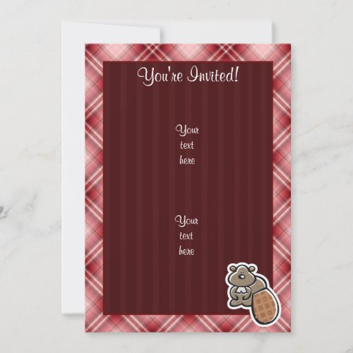 Cute Beaver; Red Plaid Personalized Invite