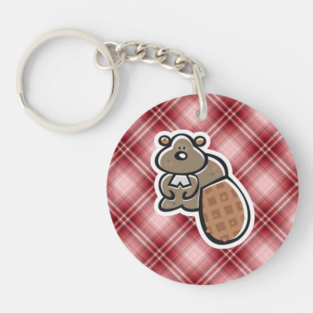 Cute Beaver; Red Plaid Keychain (Front)