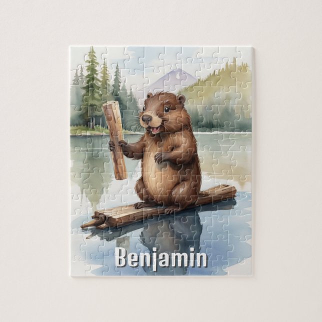 Cute Beaver with Stick Kids Personalized Jigsaw Puzzle (Vertical)