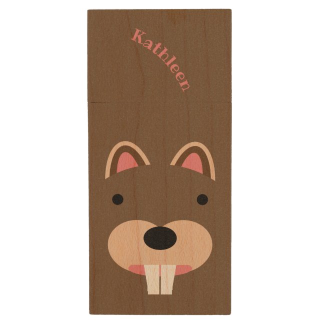 Cute Beaver Wood Flash Drive (Front Vertical)