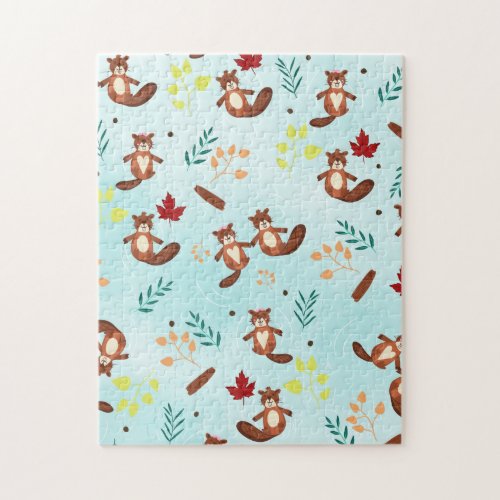 Cute beavers animals floral leaf blue watercolor jigsaw puzzle