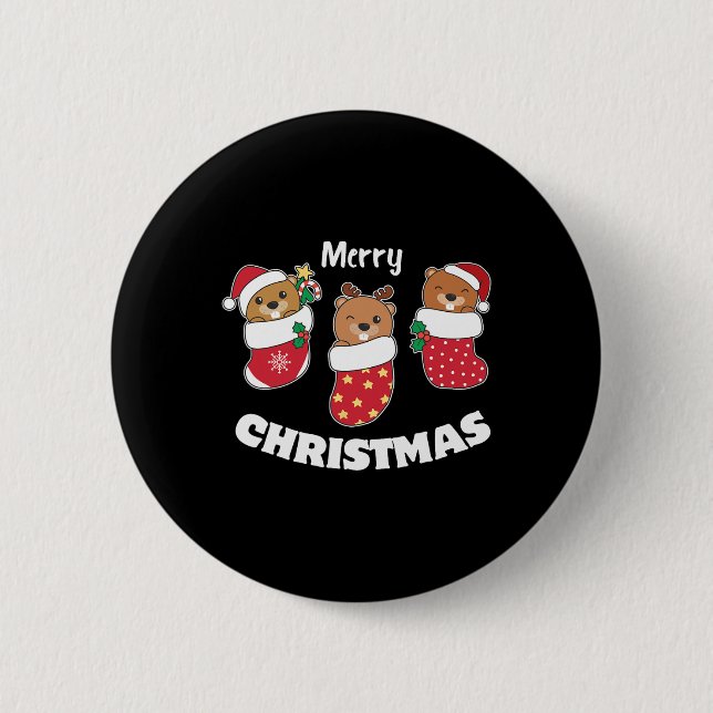 Cute Beavers In Christmas Stockings For Christmas  Button (Front)