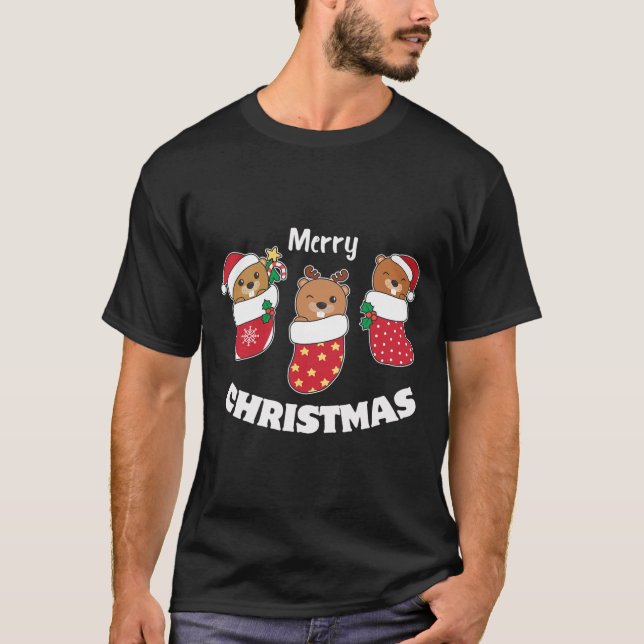 Cute Beavers In Christmas Stockings For Christmas  T-Shirt (Front)