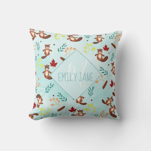 Cute beavers monogram floral leaf blue watercolor throw pillow