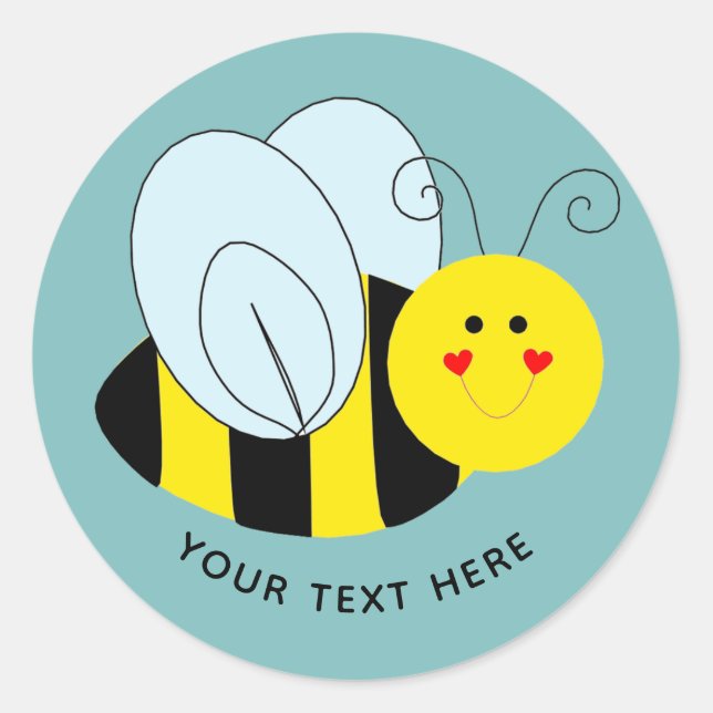 Cute Bee Add Text | Blue Classic Round Sticker (Front)