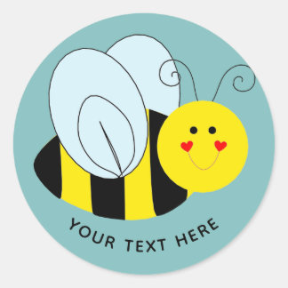 Cute Bee Add Text | Blue Classic Round Sticker