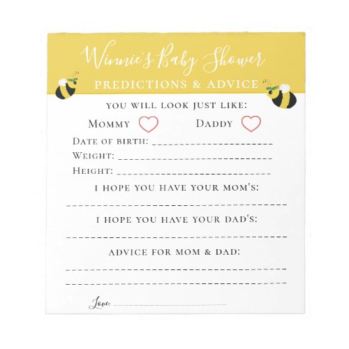 Cute Bee Advice and Predictions Baby Shower Game N Notepad