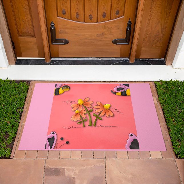Cute Bee and Flower Pink Spring Garden  Doormat (Creator Uploaded)