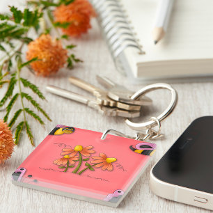 Cute Bee and Flower Pink Spring Garden Keychain