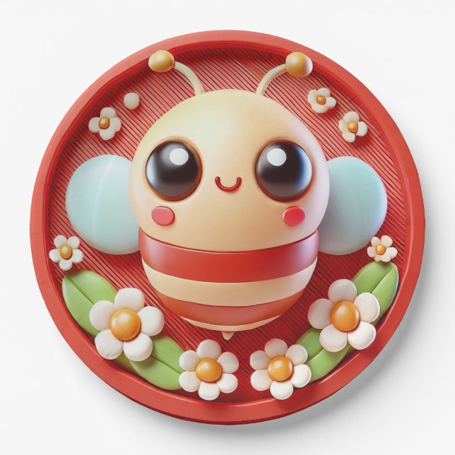 Cute Bee and Flowers Spring Garden Party Tableware Paper Plates (Front)