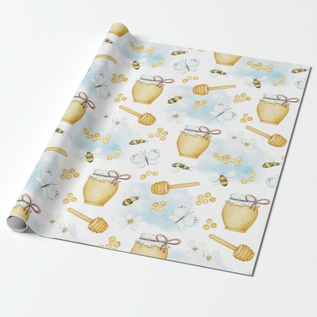 Cute Bee and Honey Pattern Wrapping Paper (Unrolled)