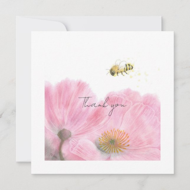 Cute Bee and Pink Flowers Flat Thank you Card (Front)