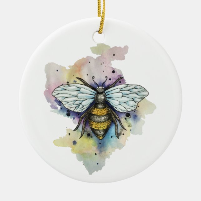 Cute Bee And Rainbow Wash Ceramic Ornament (Front)