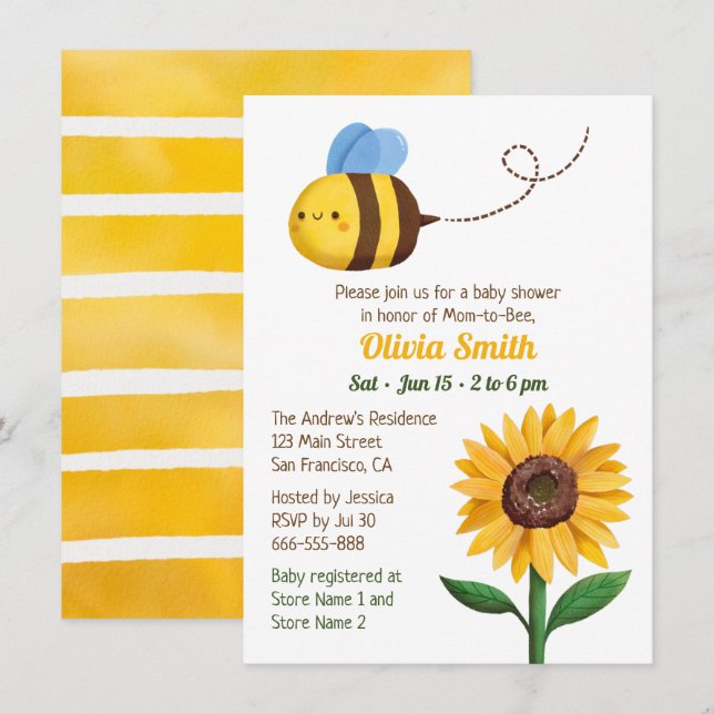 Cute Bee And Sunflower Baby Shower Invitations (Front/Back)