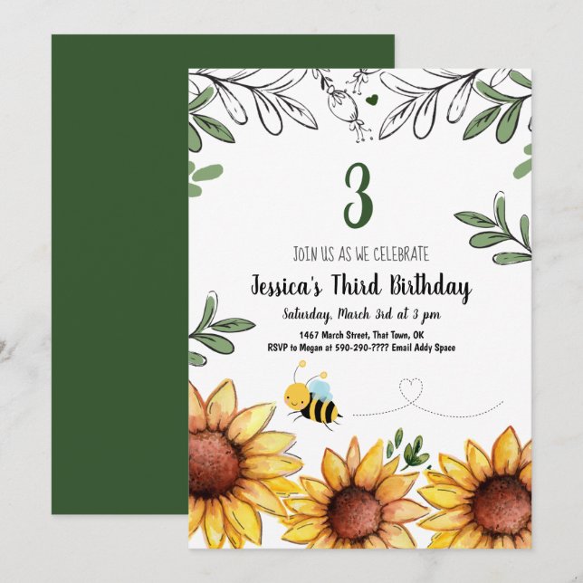 Cute Bee and Sunflowers Kids Birthday Party Invitation (Front/Back)