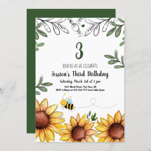 Cute Bee and Sunflowers Kids Birthday Party Invitation