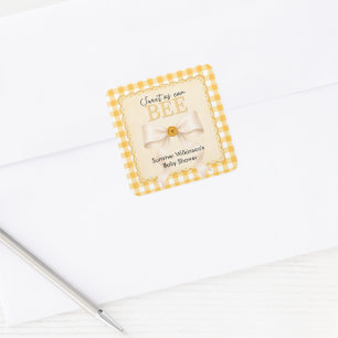 Cute Bee Baby Shower Favor Sticker Yellow Gingham