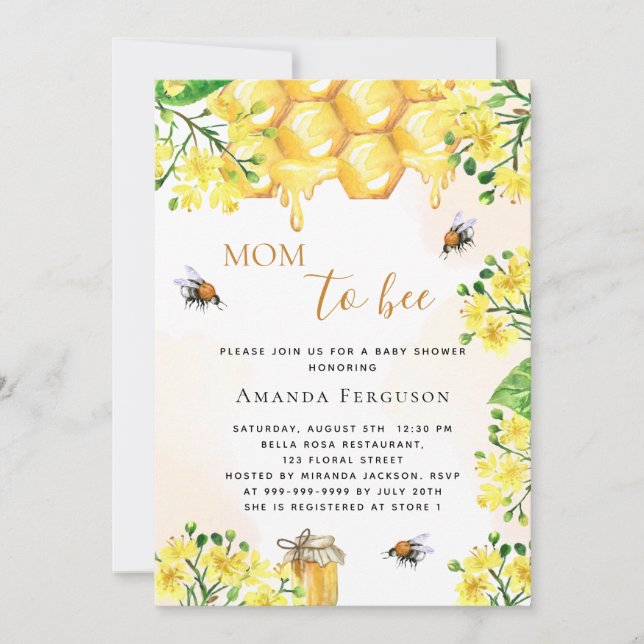 Cute Bee Baby shower yellow florals mom to bee Invitation (Front)