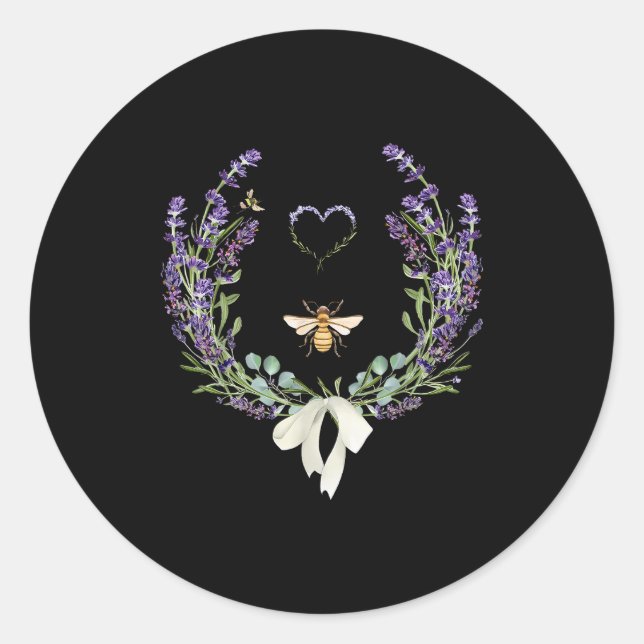 Cute Bee Bow Lavender Flower Heart Botanical Natur Classic Round Sticker (Front)