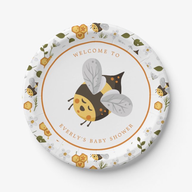 Cute Bee Bumblebee Baby Shower Paper Plates (Front)