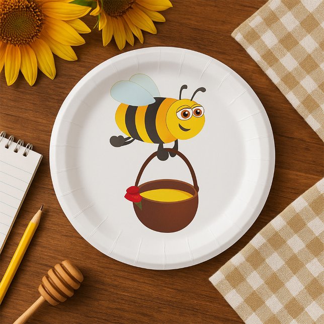 Cute Bee Carrying Honey Pot with Flower Paper Plates (Creator Uploaded)