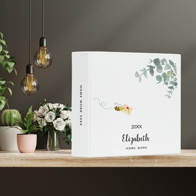 Cute bee eucalyptus greenery monogram 3 ring binder (Creator Uploaded)