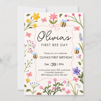 Cute Bee First Birthday Invitation