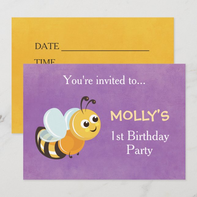 Cute Bee First Birthday Party Invitation Card (Front/Back)