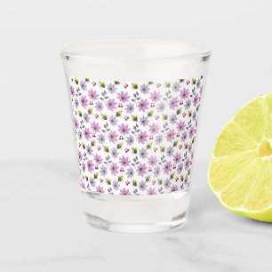 Cute Bee Floral Pattern Cottagecore Aesthetic Pink Shot Glass