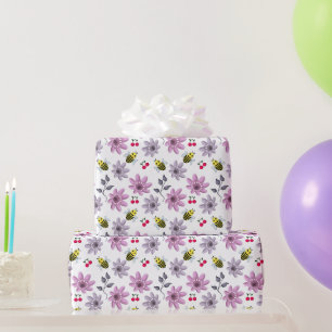 Cute Bee Floral Pattern Cottagecore Aesthetic Pink Wrapping Paper