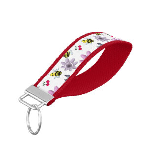 Cute Bee Floral Pattern Cottagecore Aesthetic Pink Wrist Keychain