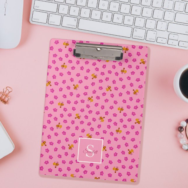 Cute Bee & Flowers Pattern Monogram Name – Pink Clipboard (Creator Uploaded)