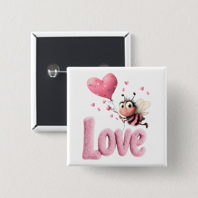 Cute Bee Fluffy Pink Love Heart Balloon  Button (Front & Back)