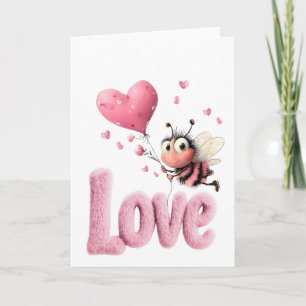 Cute Bee Fluffy Pink Love Heart Balloon Design Holiday Card