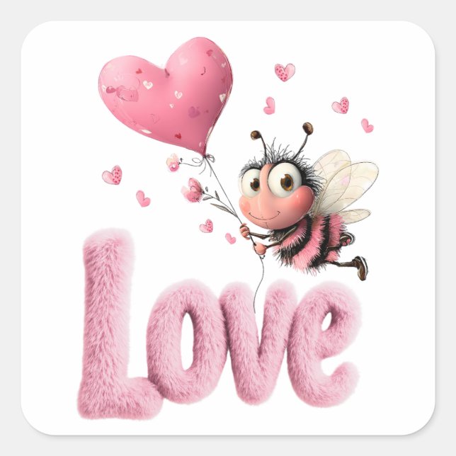 Cute Bee Fluffy Pink Love Heart Balloon Design Square Sticker (Front)