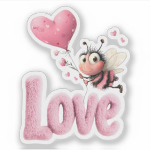 Cute Bee Fluffy Pink Love Heart Balloon Design Sticker