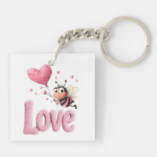Cute Bee Fluffy Pink Love Heart Balloon Keychain