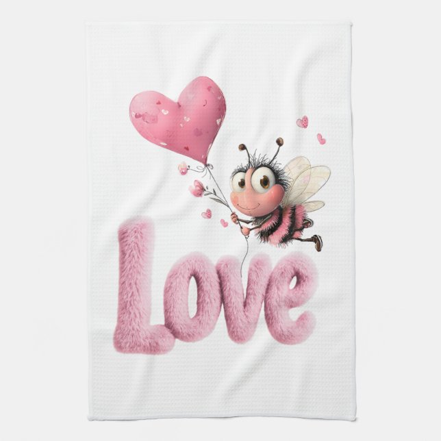 Cute Bee Fluffy Pink Love Heart Balloon  Kitchen Towel (Vertical)