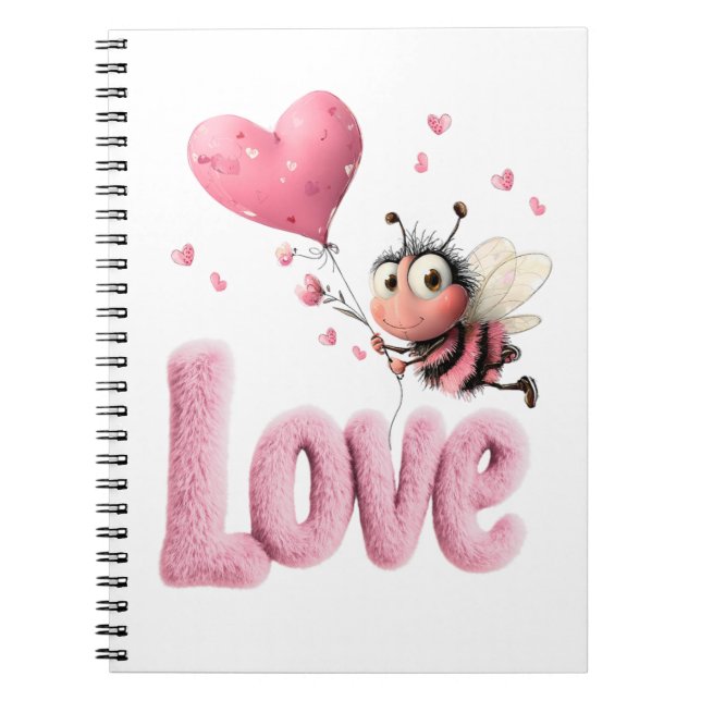 Cute Bee Fluffy Pink Love Heart Balloon  Notebook (Front)