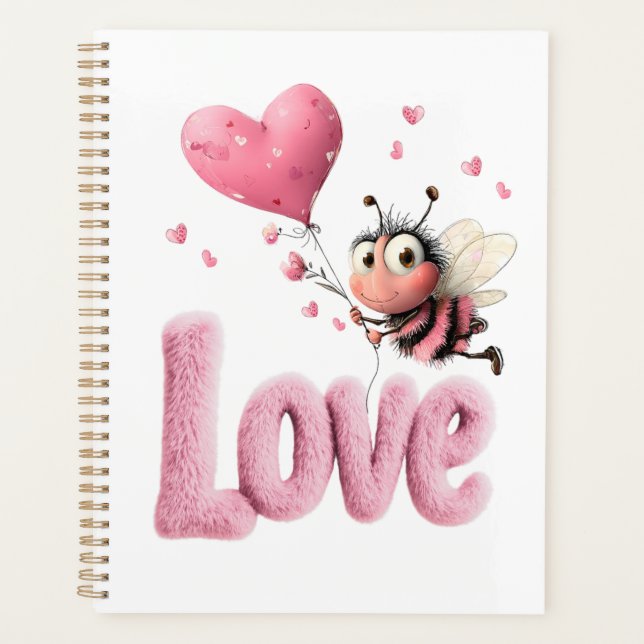 Cute Bee Fluffy Pink Love Heart Balloon  Planner (Front)