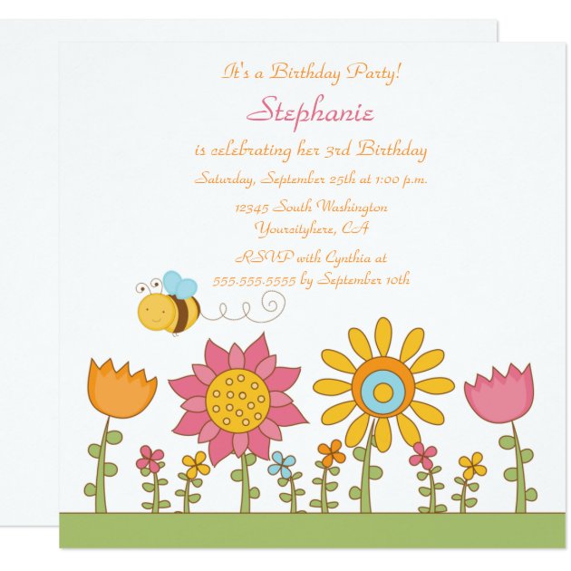 Cute Bee Flying Flowers Birthday Party Invitation