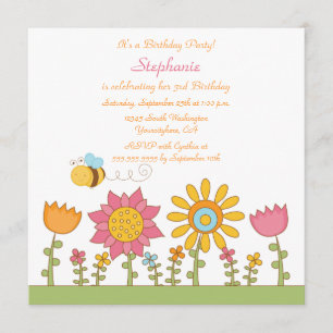Cute bee flying flowers birthday party invitation