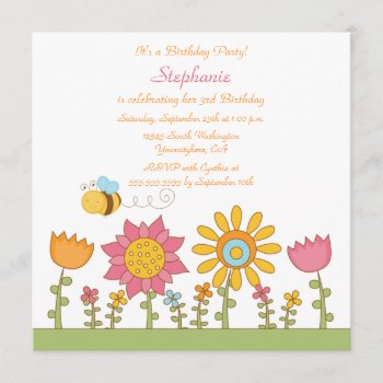 Cute Bee Flying Flowers Birthday Party Invitation by Jamene at Zazzle