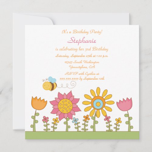 Cute bee flying flowers birthday party invitation